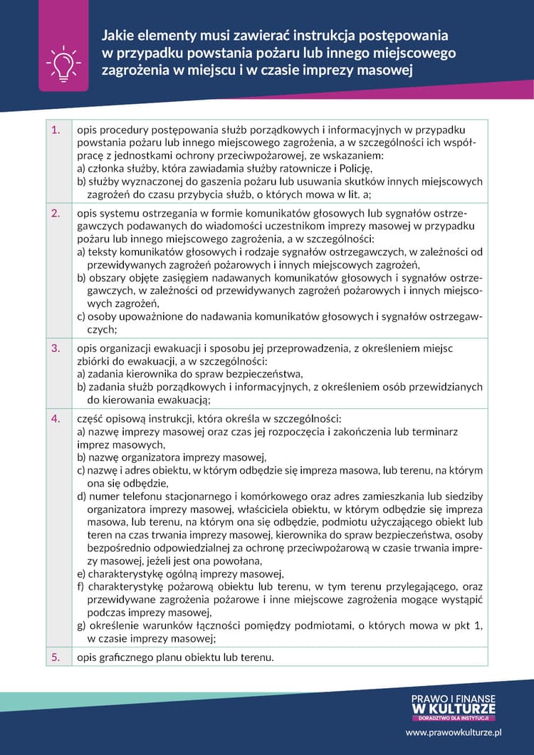 Jakie elementy musi zawierać instrukcja postępowania w przypadku powstania pożaru lub innego miejscowego zagrożenia w miejscu i w czasie imprezy masowej